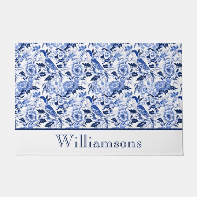 Blue Bird Chinoiserie Monogramm Name Fußmatte (Vorderseite)