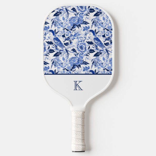 Blue Bird Chinoiserie Monogramm  Pickleball Schläger (Vorderseite)