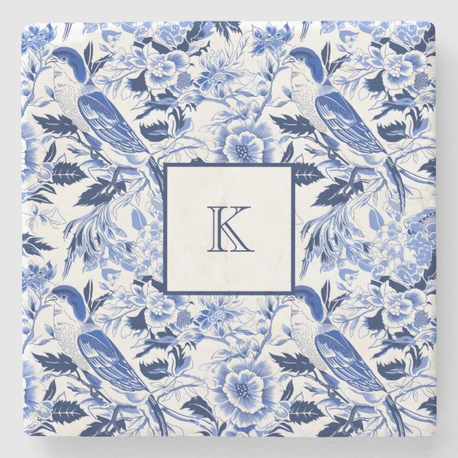 Blue Bird Chinoiserie Monogramm  Steinuntersetzer (Vorderseite)