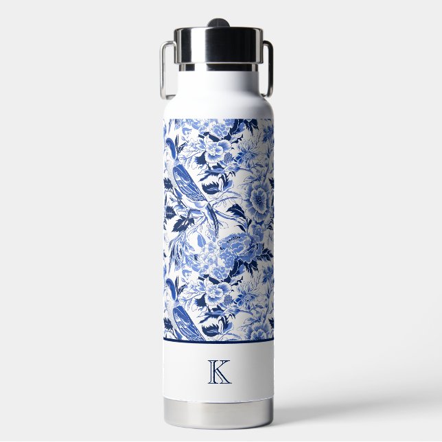 Blue Bird Chinoiserie Monogramm Trinkflasche (Vorderseite)