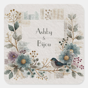 Blue Bird Dusty Teal Florale Volksbrautkunst Hochz Quadratischer Aufkleber