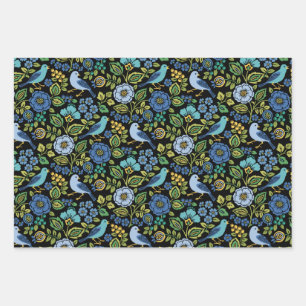 Blue Bird Floral auf Black Geschenkpapier Set