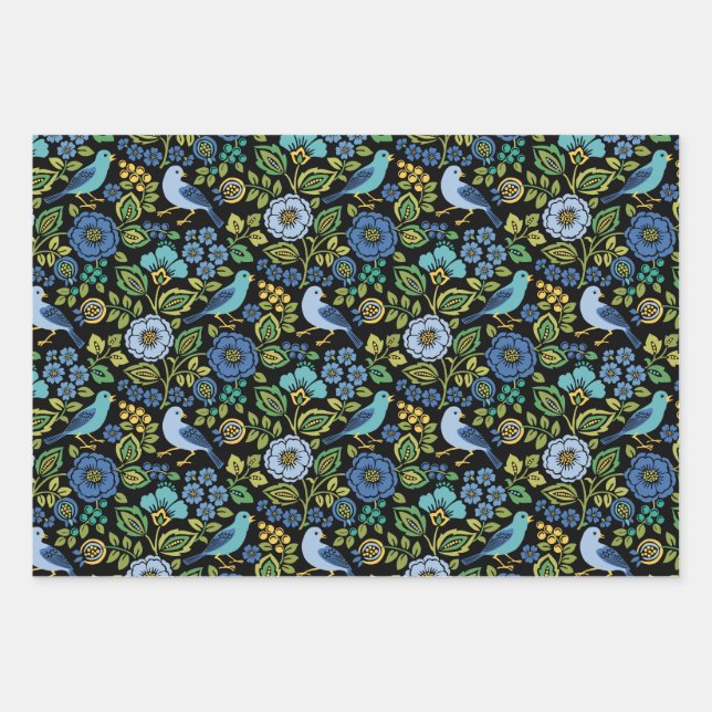 Blue Bird Floral auf Black Geschenkpapier Set (Vorderseite)