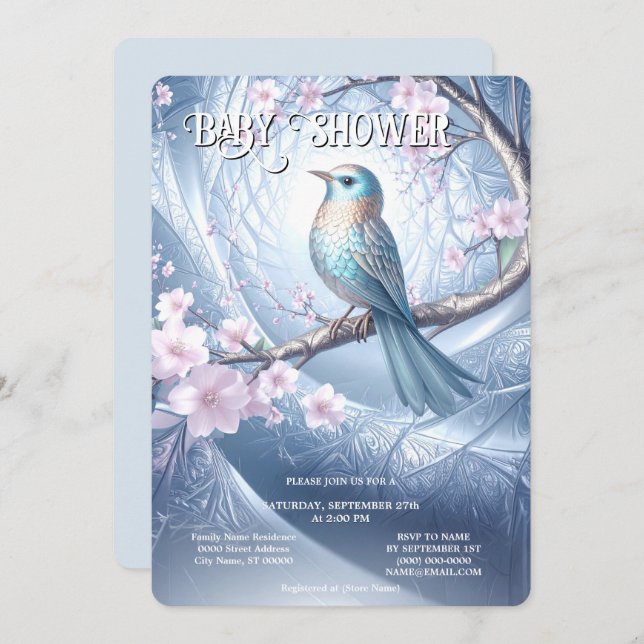 Blue Bird Floral Baby Shower Invitation Einladung (Vorne/Hinten)