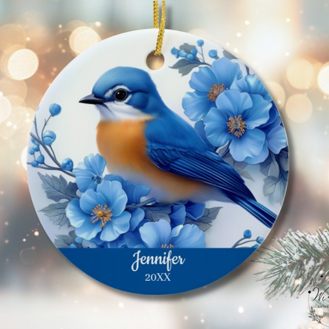 Blue Bird Floral Christmas North American Eastern  Keramik Ornament (Von Creator hochgeladen)
