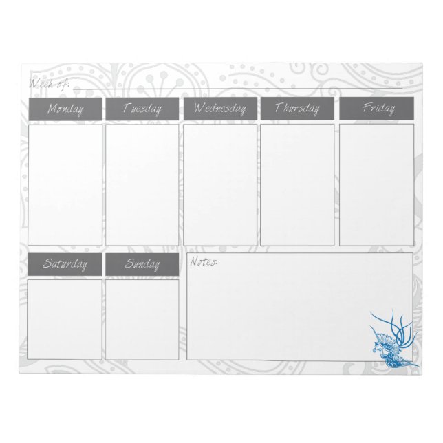 Blue Bird & Floral Muster Wochenkalender Notepad Notizblock (Vorderseite)