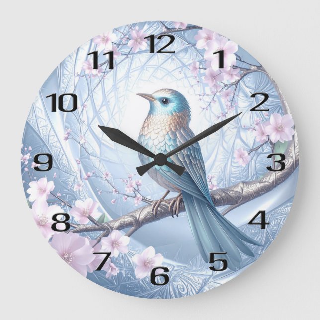 Blue Bird Floral Wall Clock Große Wanduhr (Vorderseite)