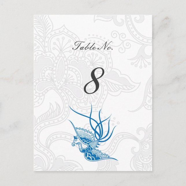Blue Bird & Floral Wedding Tischnummer Cards (Vorderseite)