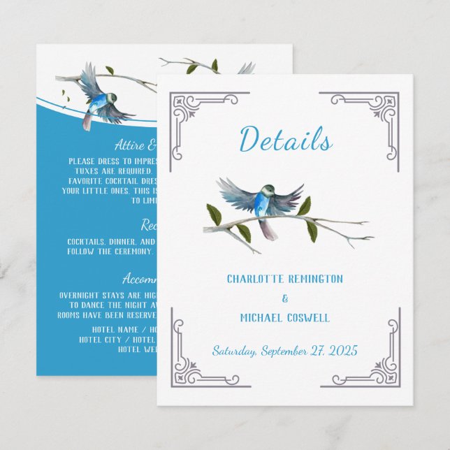Blue Bird of Happiness Details - Eintrittskarte RSVP Karte (Vorne/Hinten)