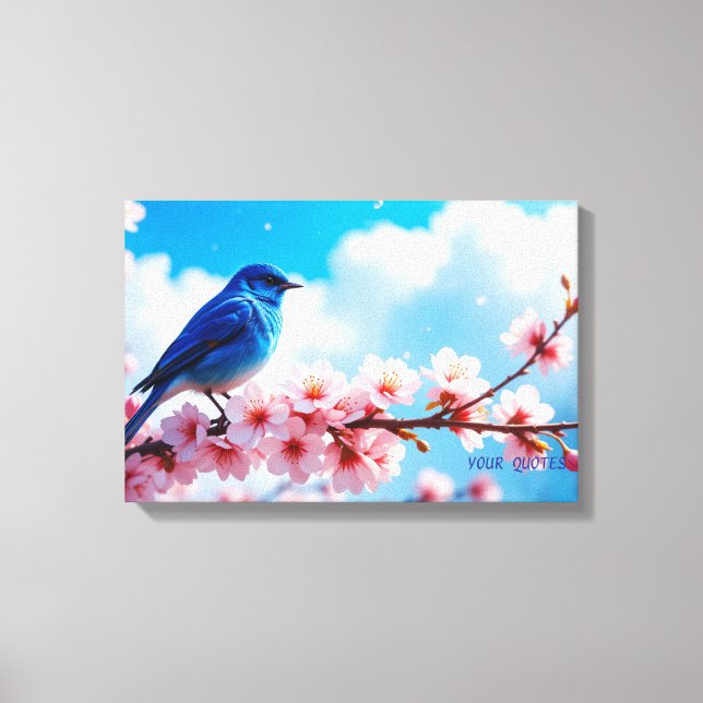 Blue Bird on Cherry Blossom Branch Leinwanddruck (Vorderseite)