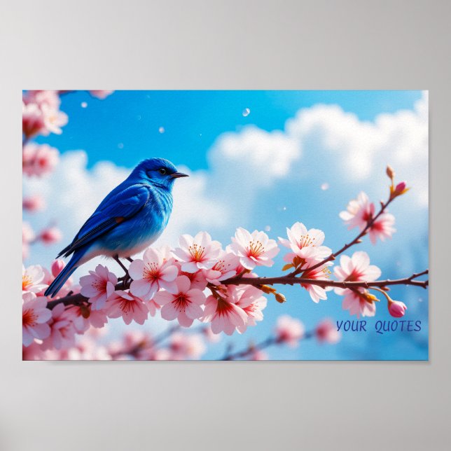 Blue Bird on Cherry Blossom Branch Poster (Vorne)