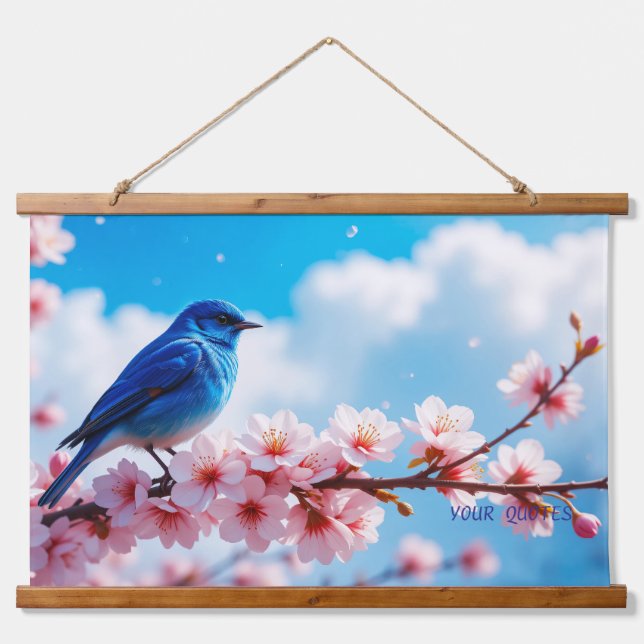 Blue Bird on Cherry Blossom Branch Wandteppich Mit Holzrahmen (Vorne)
