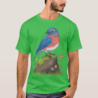 Blue Bird On Rock With Flowers friends T-Shirt