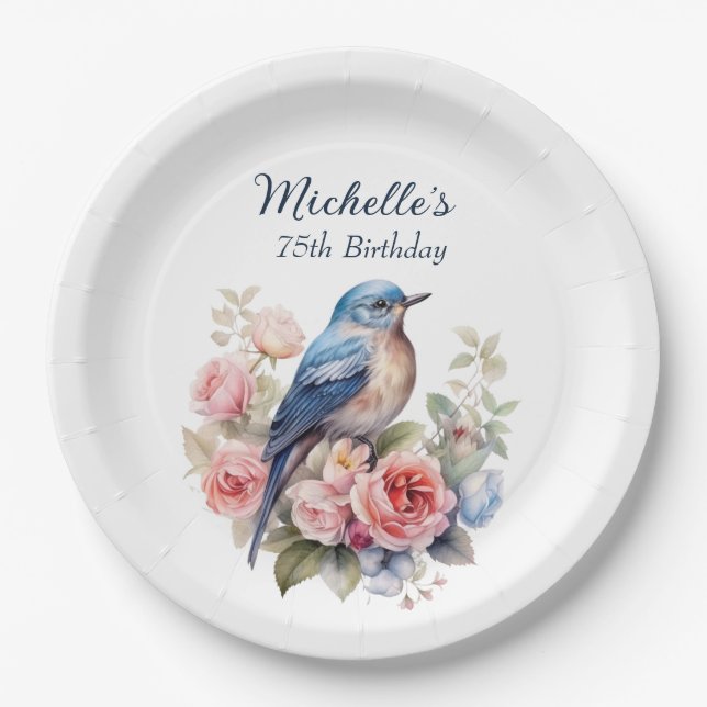 Blue Bird Pink Blume 75. Geburtstag Pappteller (Vorderseite)