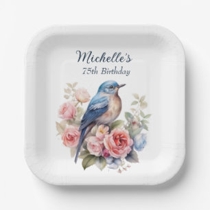 Blue Bird Pink Blume 75. Geburtstag Pappteller