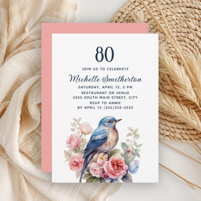 Blue Bird Pink Blume 80. Geburtstag Einladung (Blue bird and pink floral 80th birthday invitation)