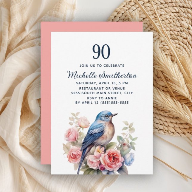 Blue Bird Pink Blume 90. Geburtstag Einladung (Blue bird and pink floral 90th birthday invitation)