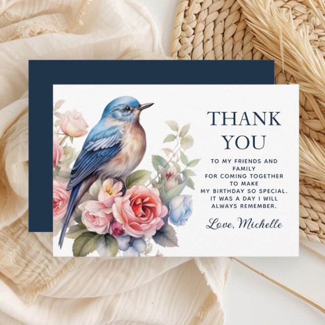 Blue Bird Pink Blume Geburtstag Vielen Dank Dankeskarte (Blue bird and pink floral birthday party Thank You card)