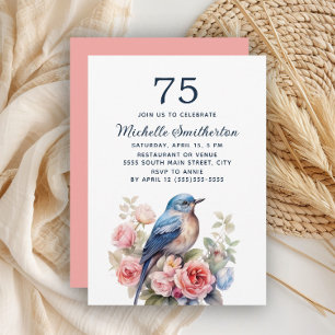 Blue Bird Pink Flowers 75. Geburtstag Einladung