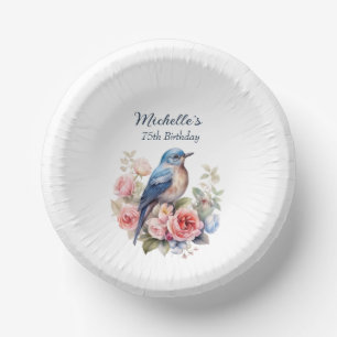 Blue Bird Pink Flowers 75. Geburtstag Pappteller