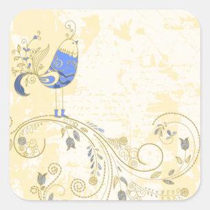 Blue Bird Retro Floral Kunst Quadratischer Aufkleber