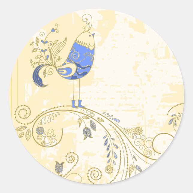 Blue Bird Retro Floral Kunst Runder Aufkleber (Vorderseite)