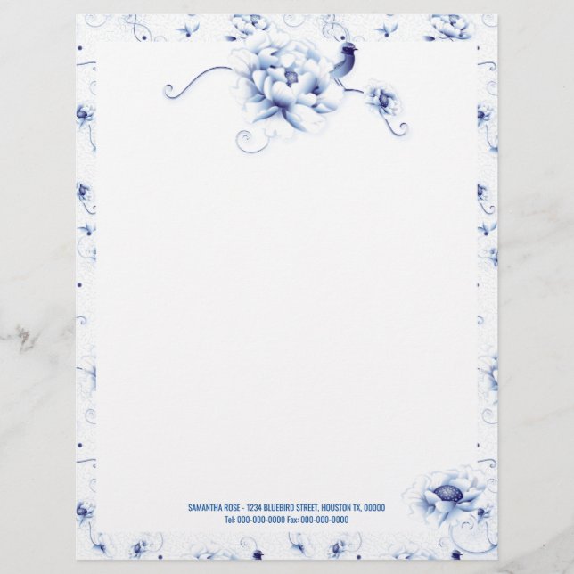 Blue Bird Rose Chinoiserie Blumengarten Hochzeit Briefbogen (Vorderseite)