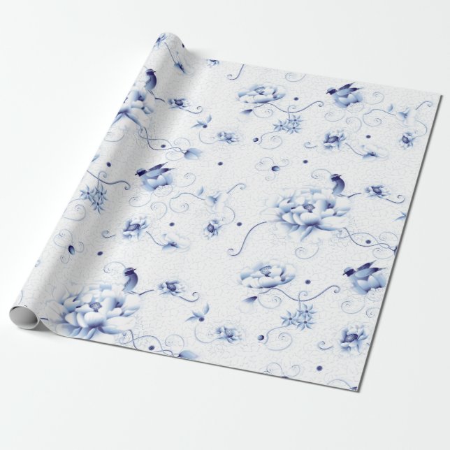 Blue Bird Rose Chinoiserie Geschenkpapier (Ungerollt)