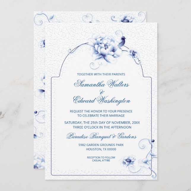 Blue Bird Rose Chinoiserie | Hochzeit Einladung (Vorne/Hinten)