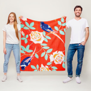 Blue Bird und Rose, Vintages japanisches Design Fleecedecke