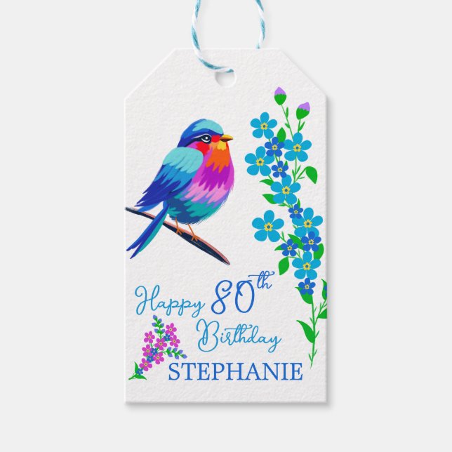 Blue Bird Vergiss mich nicht florale 80. Geburtsta Geschenkanhänger (Vorderseite)