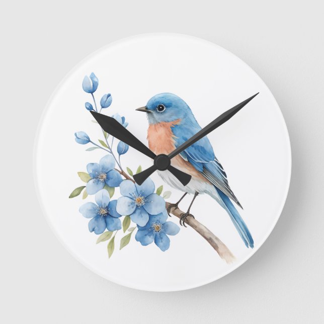 Blue bird with blue flowers runde wanduhr (Vorderseite)