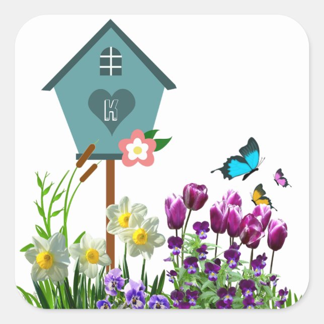 Blue Birdhouse in Butterfly Flower Garden Quadratischer Aufkleber (Vorderseite)