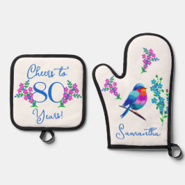 Blue Birdie Vergiss mich Nicht Blume 80. Geburtsta Ofenhandschuh & Topflappen-Set