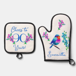 Blue Birdie Vergiss mich Nicht Blume 90. Geburtsta Ofenhandschuh & Topflappen-Set