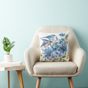 Blue Birds Watercolor Florals Botanicals Kissen