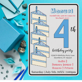 Blue Birthday Cake 4. Geburtstag Party Kinder Einladung