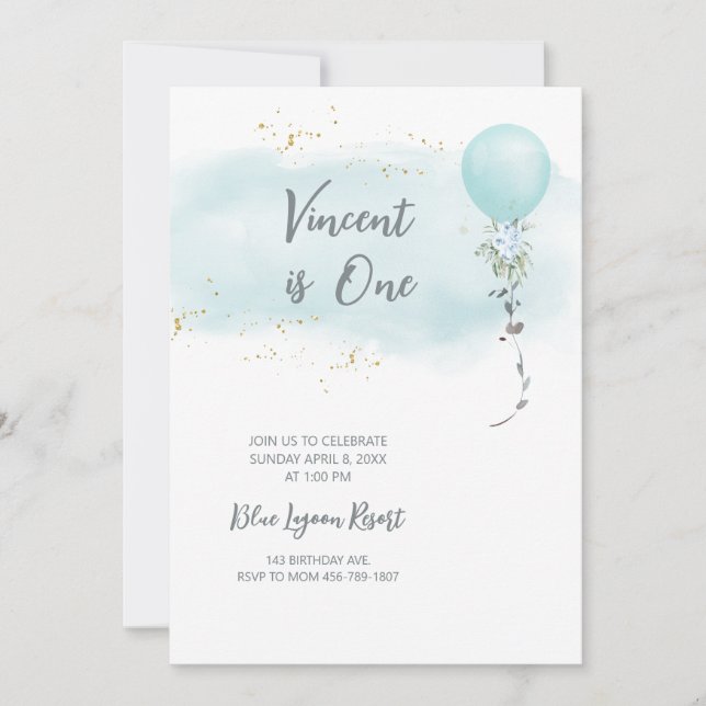 Blue Birthday Einladung Baby Boy Wasserfarbe (Vorderseite)