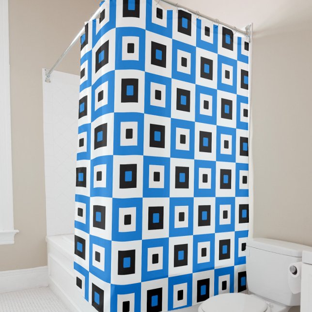 Blue Black and White Checkered Squares Pattern Duschvorhang (Von Creator hochgeladen)