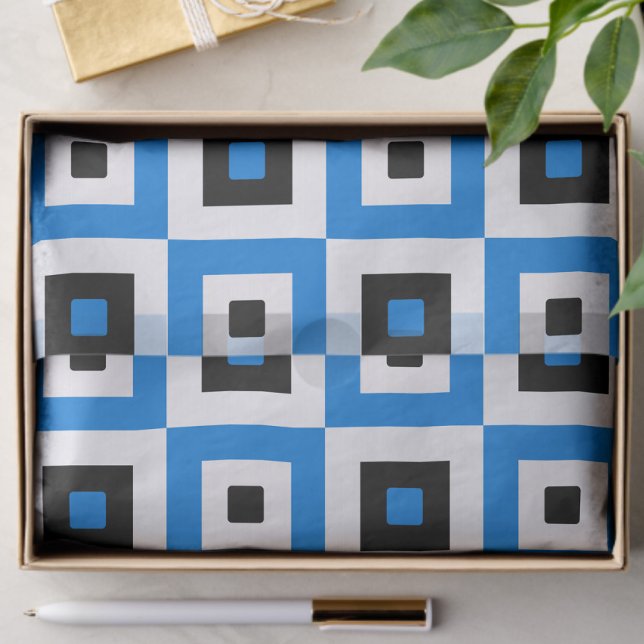Blue Black and White Checkered Squares Pattern Seidenpapier (Von Creator hochgeladen)