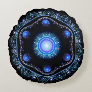 Blue Black Aquamarin Shining Lace Boho Fraktal Man Rundes Kissen
