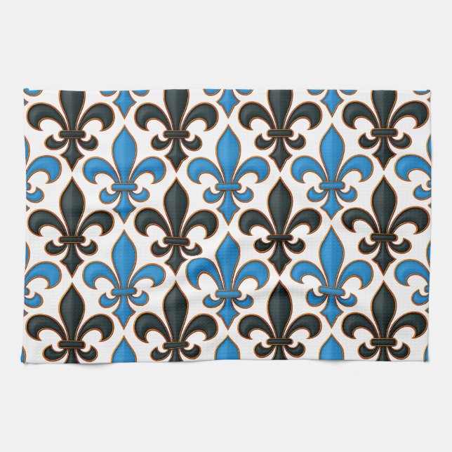 Blue Black Baroque Fleur-de-lis Pattern Design  Geschirrtuch (Horizontal)