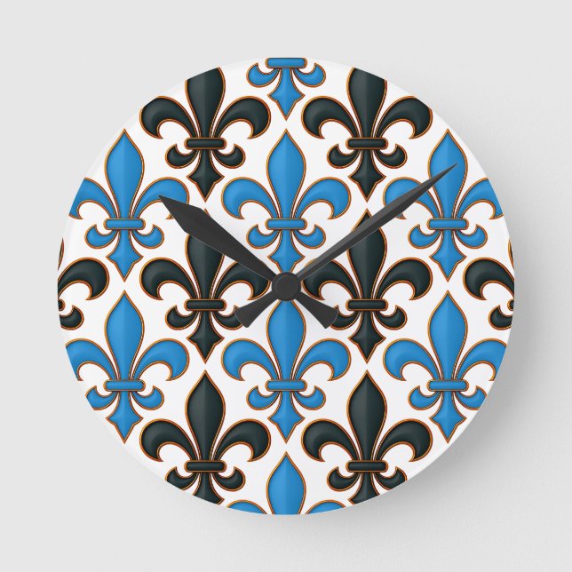 Blue Black Baroque Fleur-de-lis Pattern Design  Runde Wanduhr (Vorderseite)