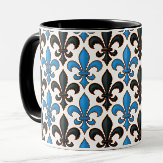Blue Black Baroque Fleur-de-lis Pattern Design  Tasse (Von Creator hochgeladen)