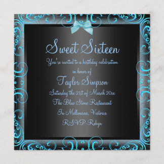 Blue/Black Bow & Frame Sweet16 Geburtstag Einladun Einladung