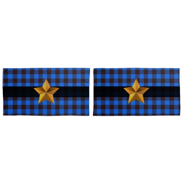Blue & Black Buffalo Kariert mit Gold Star Kissenbezug (Vorderseite-Set)