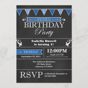 Blue Black Chalkboard Geburtstag Einladung