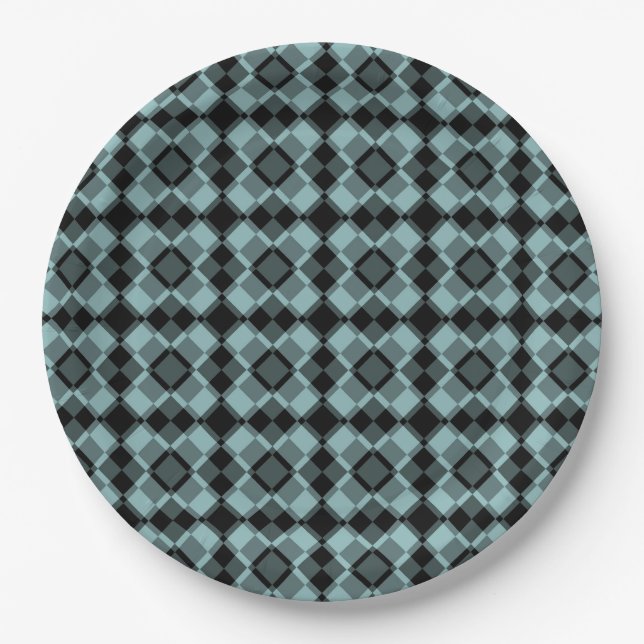 Blue Black Checker Argyle Pattern Pappteller (Vorderseite)