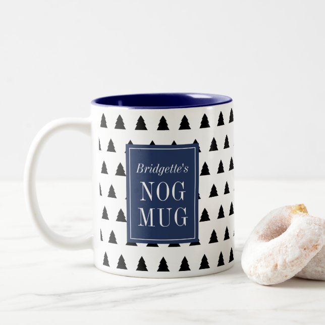 Blue Black Christmas Tree Gemustert Personalisiert Zweifarbige Tasse (Mit Donut)