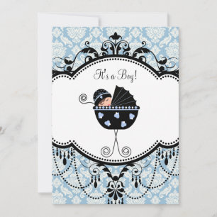 Blue Black Damask Baby Boy Dusche Einladungen